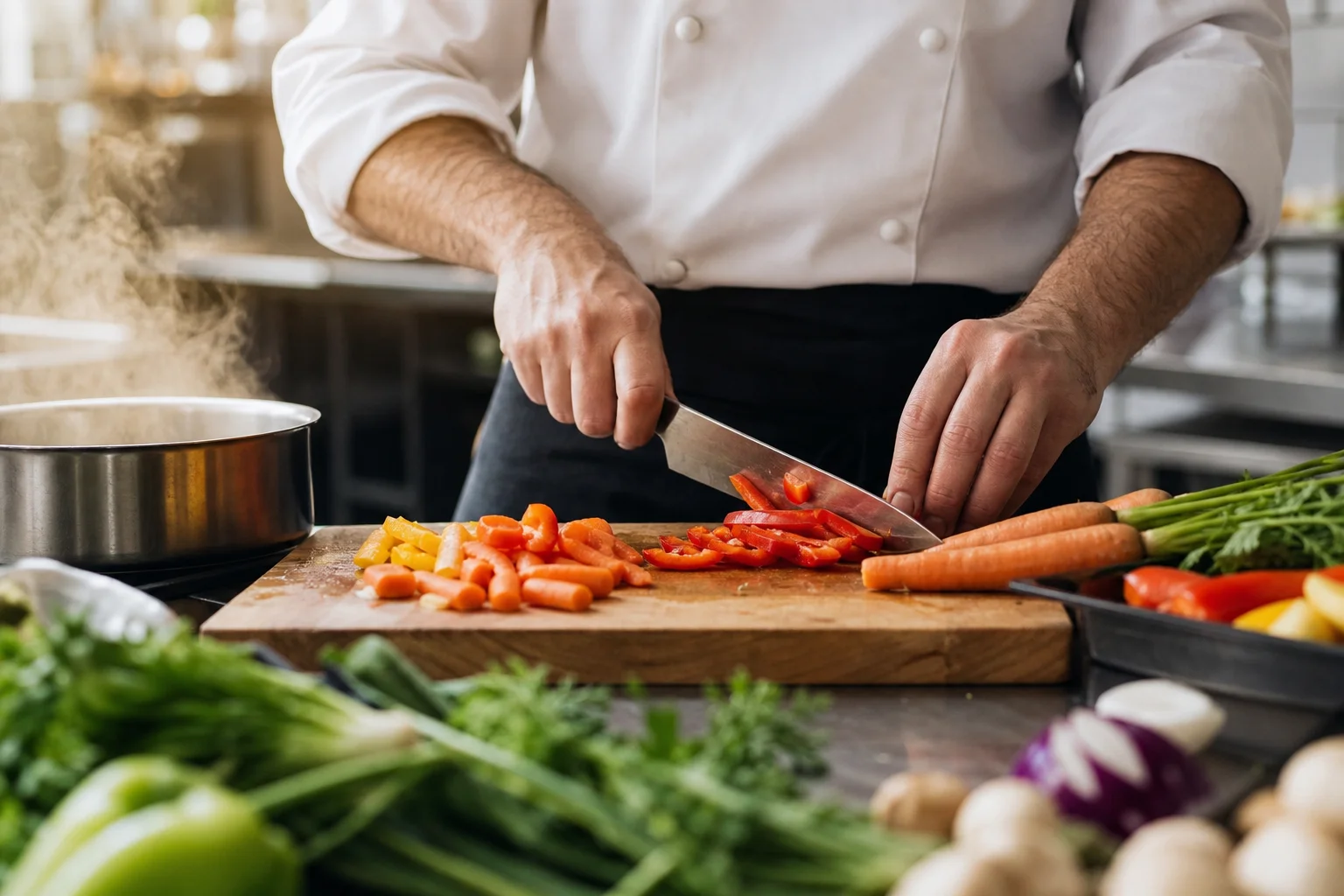 Příprava čerstvé zeleniny v profesionální kuchyni